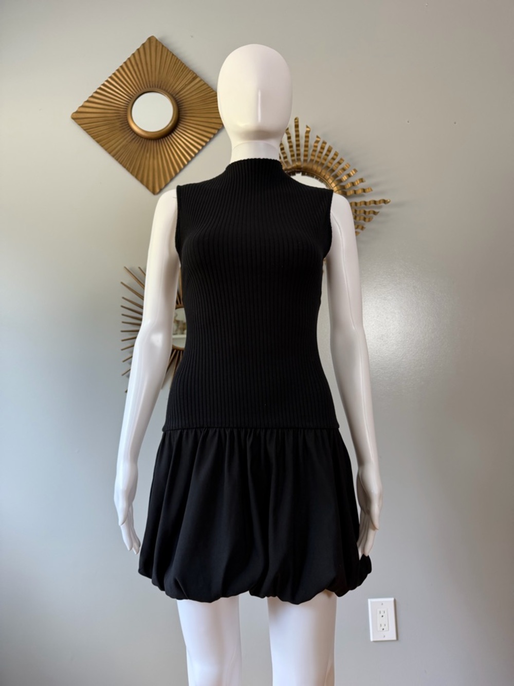 ZARA - Black Sleeveless Ribbed Bubble-Hem Mini Dress